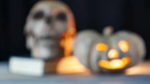 Skeleton on skull and pumpkin background Stock-Footage 55643527