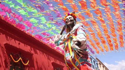 Skeleton skull float parade in the street of Oaxaca city downtown Mexico during Stock Footage 295835127