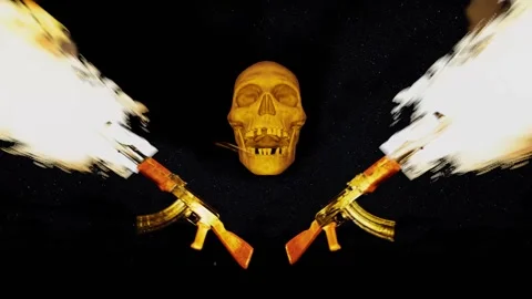A skeleton skull, machine guns, and a starry sky. A skeleton guardian. Stock Footage 305228249