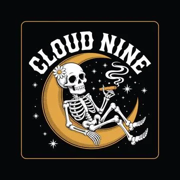 Skeleton smoking a cigar while sitting on a crescent moon with stars, cloud.. Stock Illustration