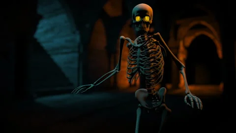 Skeleton Sneaking Around in a Dark Tomb or Crypt - 3D Illustration Stock Footage 143070582
