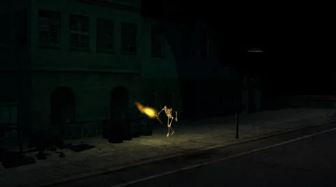 Skeleton sneaks with torch through the night Stock Footage 36762488