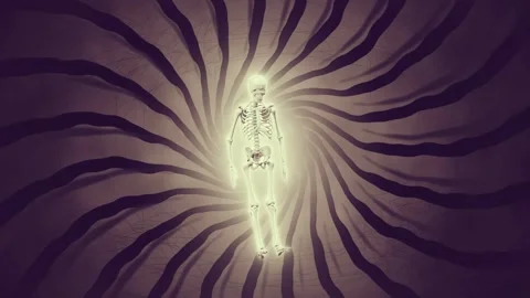 Skeleton is standing in the middle of tunnel black swirl front spiral vortex... Stock Footage 335978491