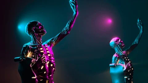 Skeleton statues with neon lights, cyan and pink. Seamless loop 스톡 동영상 105473602