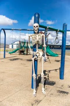 Skeleton stranding  in an empty park during social isolation quarantine Stock Photos