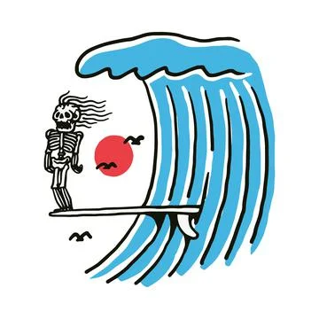 Skeleton Summer Surf Beach Line Graphic Illustration Vector Art T-shirt Desig Stock Illustration