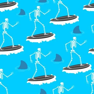 Skeleton Surfer pattern seamless. Skeleton on surfboard background. Stock Illustration
