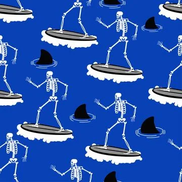 Skeleton Surfer pattern seamless. Skeleton on surfboard background. Stock Illustration