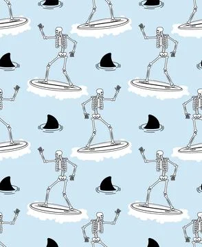 Skeleton Surfer pattern seamless. Skeleton on surfboard background. Stock Illustration