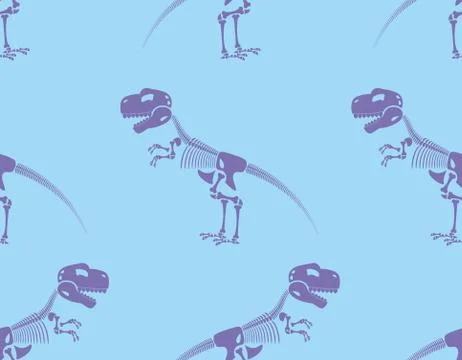 Skeleton t-Rex seamless pattern. Purple Cute bone Tyrannosaurus Rex on blue b Illustrazione stock