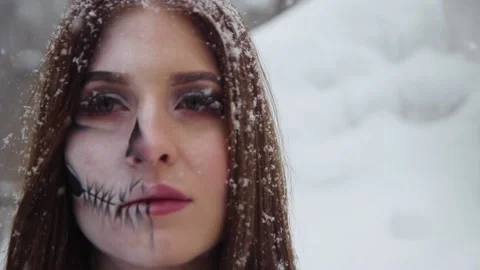 Skeleton teeth painted on the face Stock Footage 141678407