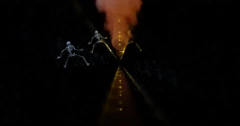 Skeleton trio dance around a pumpkin spewing orange mist at a party celebrati Stock Footage 202267248