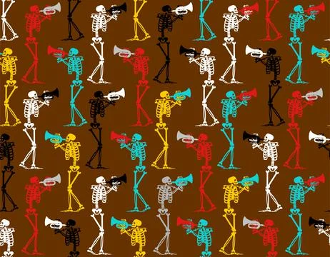 Skeleton with trumpet Pattern seamless . Skeleton musician Background. bugle  Stock Illustration