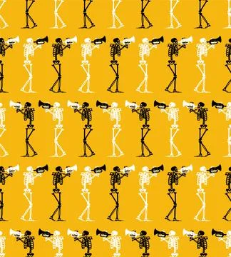 Skeleton with trumpet Pattern seamless . Skeleton musician Background. bugle  Stock Illustration