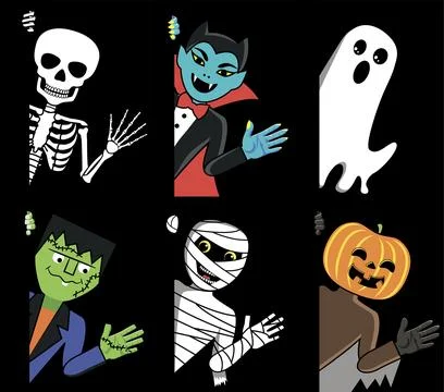 Skeleton, Vampire, zombie, mummy ghost and pumpkin look out and wave. Hallowe Illustrazione stock