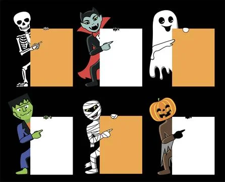 Skeleton, Vampire, Zombie, mummy, ghost and pumpkin point their finger at emp Stock Illustration