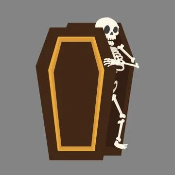 Skeleton wake up in coffin Vector flat style Stock Illustration