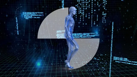 Skeleton walking with binary code on background Stock Footage 104926017