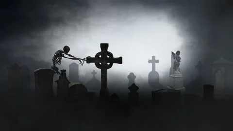 Skeleton Walking Through a Misty Graveyard 4K Loop Stock Footage 147566130