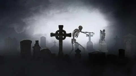 Skeleton Walking Through a Misty Graveyard Stock Illustration