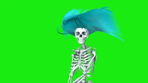 Skeleton walks toward the camera like a zombie with long turquoise blue hair Stockbeeldmateriaal 328344560
