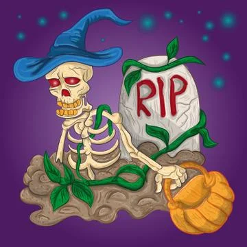 The skeleton in the wizard's hat climbed out of the grave Stock Illustration