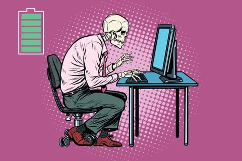 Skeleton worker working on computer Stock Illustration