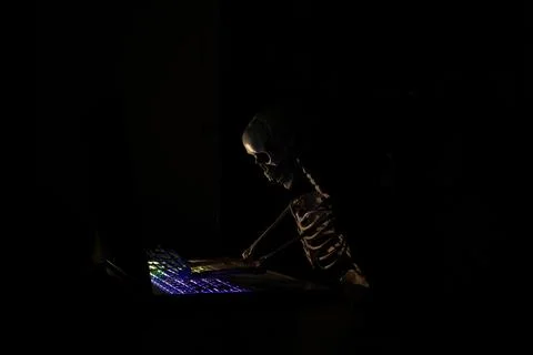Skeleton working on laptop with backlit keyboard in dark at home Stock Photos