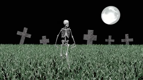 Skeleton zombie in a field against the background of graves and crosses Stock Footage 201463525