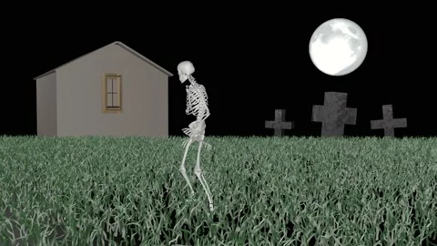 Skeleton zombie in a field against the background of graves and crosses Stock Footage 207423002