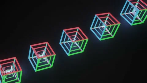 Skeletons of cubes glowing in different colors are slowly cooking on a black bac Stock Footage 155565713