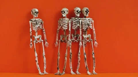 Skeletons on orange background swing together and fall. Preparing for Halloween. Stock Footage 160940528