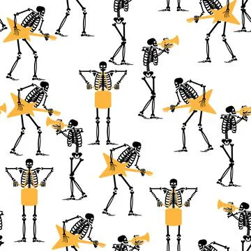 Skeletons rock band Pattern seamless. Skeleton and guitar Background. Dead ma 스톡 일러스트