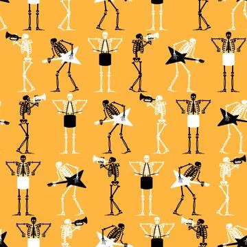 Skeletons rock band Pattern seamless. Skeleton and guitar Background. Dead ma Illustrazione stock