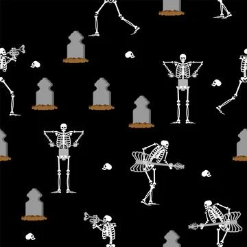 Skeletons rock concert at graveyard pattern seamless. Skeleton rock band.  De Illustrazione stock