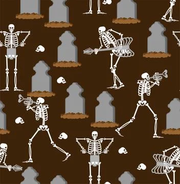 Skeletons rock concert at graveyard pattern seamless. Skeleton rock band.  De Illustrazione stock
