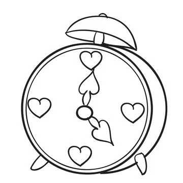 Sketch, alarm clock which has hearts instead of numbers, coloring book, isola Illustrazione stock