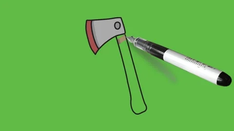 Sketch axe with red edge and brown handle with black outline on green background Видео 157615070
