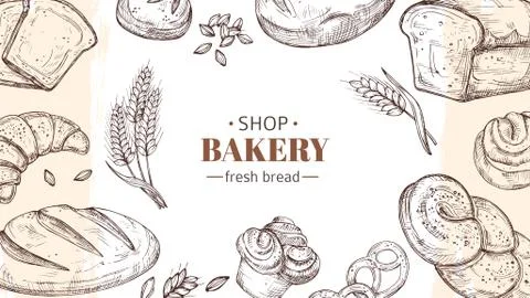 Sketch bakery background. Bread, fresh buns and rolls, wheat ears banner. Fresh Stock Illustration