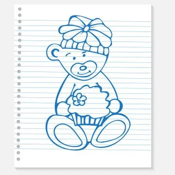 Sketch bear with cake on a notebook Stock Illustration