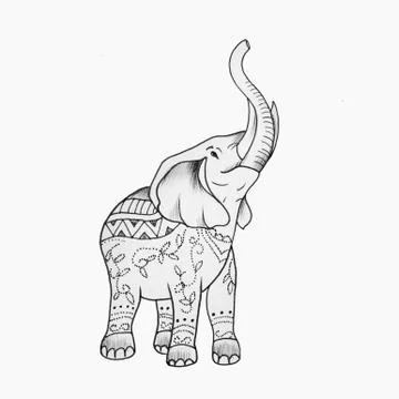 Sketch of a beautiful big elephant in patterns on a white background. Stock Illustration