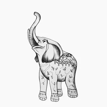 Sketch of a beautiful big elephant in patterns on a white background. Stock Illustration