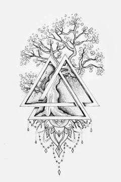 A sketch of a beautiful big tree in a triangle on a white background. Stock Illustration