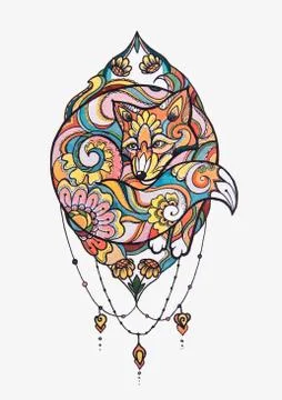 A sketch of a beautiful fox in a pattern on a white background. Stock Illustration