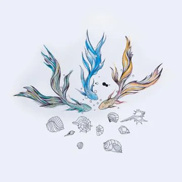 Sketch of beautiful multicolored fish with seashells on a white background. Stock Illustration