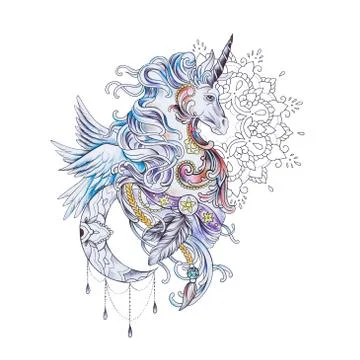 Sketch of a beautiful pegasus in patterns on a white background. Stock Illustration