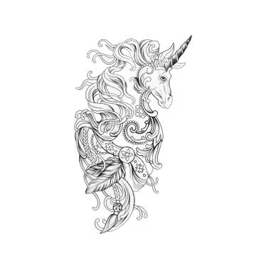 Sketch of a beautiful pegasus in patterns on a white background. Stock Illustration
