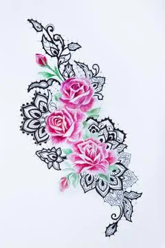 A sketch of a beautiful red roses in a pattern on a white background. Stock Illustration