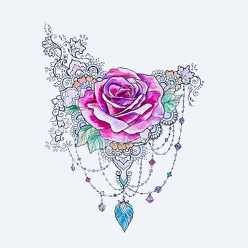 A sketch of a beautiful rose in patterns on a white background. Stock Illustration