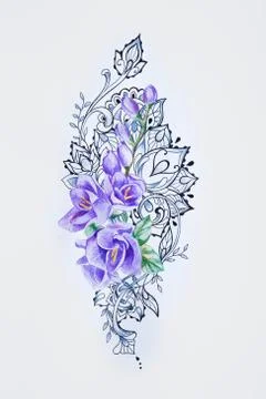 A sketch of a beautiful violet freesia in patterns on a white background. Stock Illustration